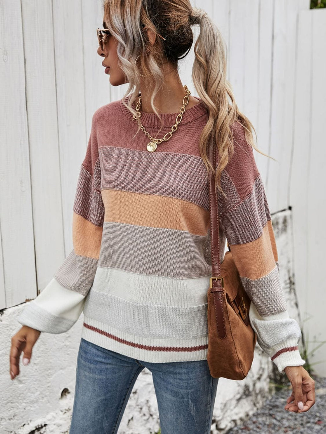 Striped Ribbed Trim Sweater - Runway Frenzy 