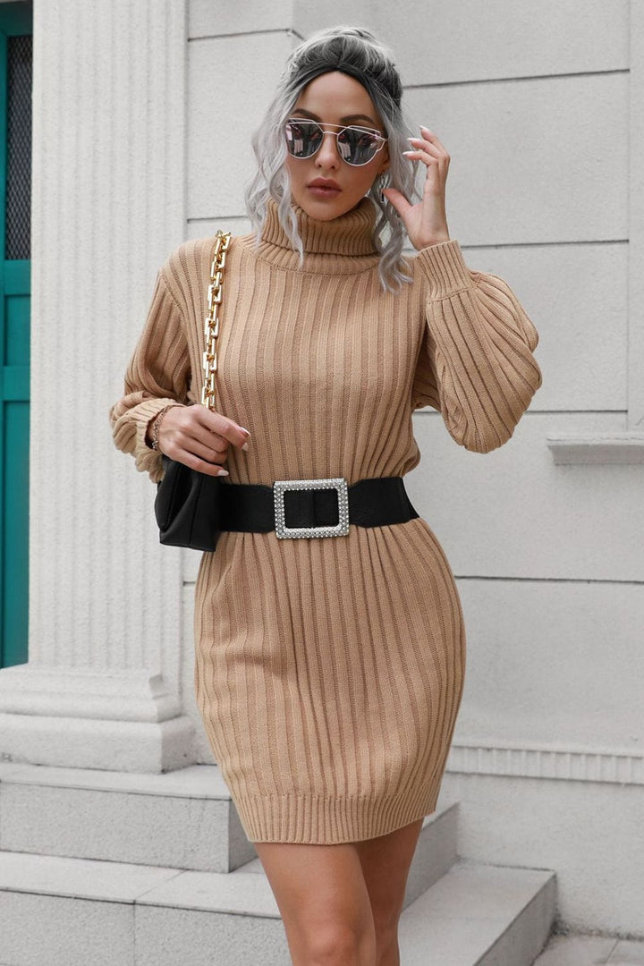 Ribbed Turtle Neck Long Sleeve Mini Sweater Dress - Runway Frenzy 