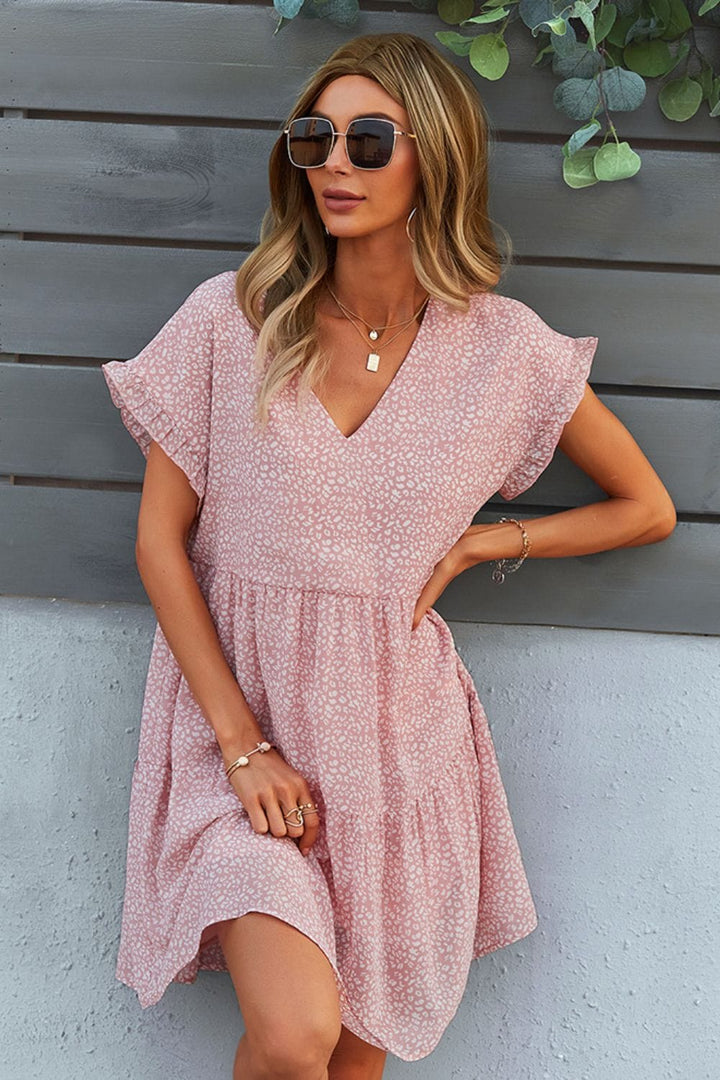 Printed V-Neck Short Sleeve Tiered Dress - Runway Frenzy