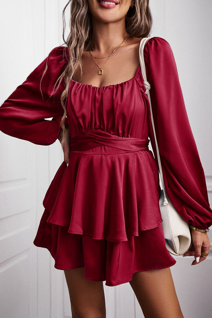 Long Balloon Sleeve Layered Romper - Runway Frenzy 