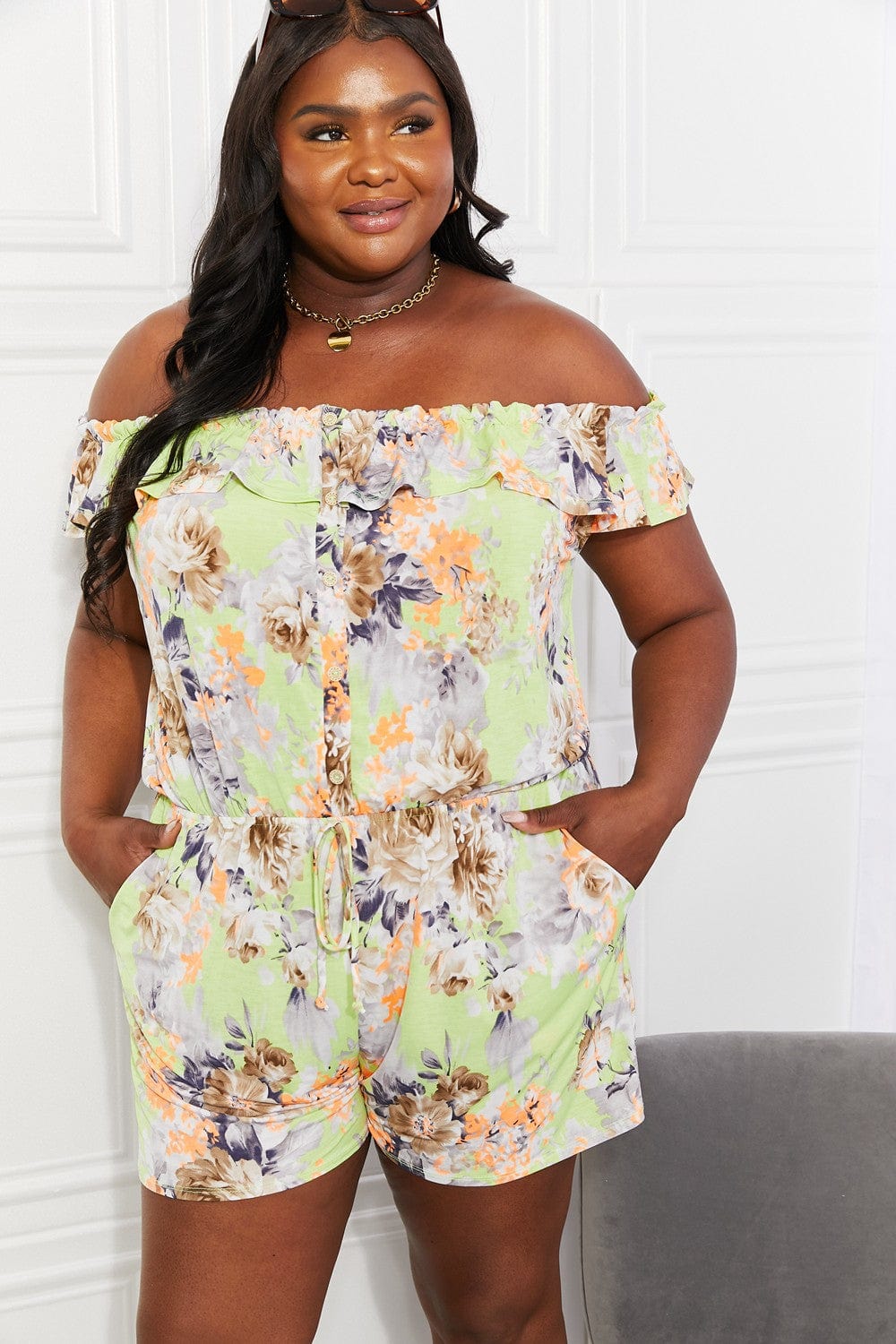 Sew In Love Full Size Pure Delight Floral Off-Shoulder Romper - Runway Frenzy 