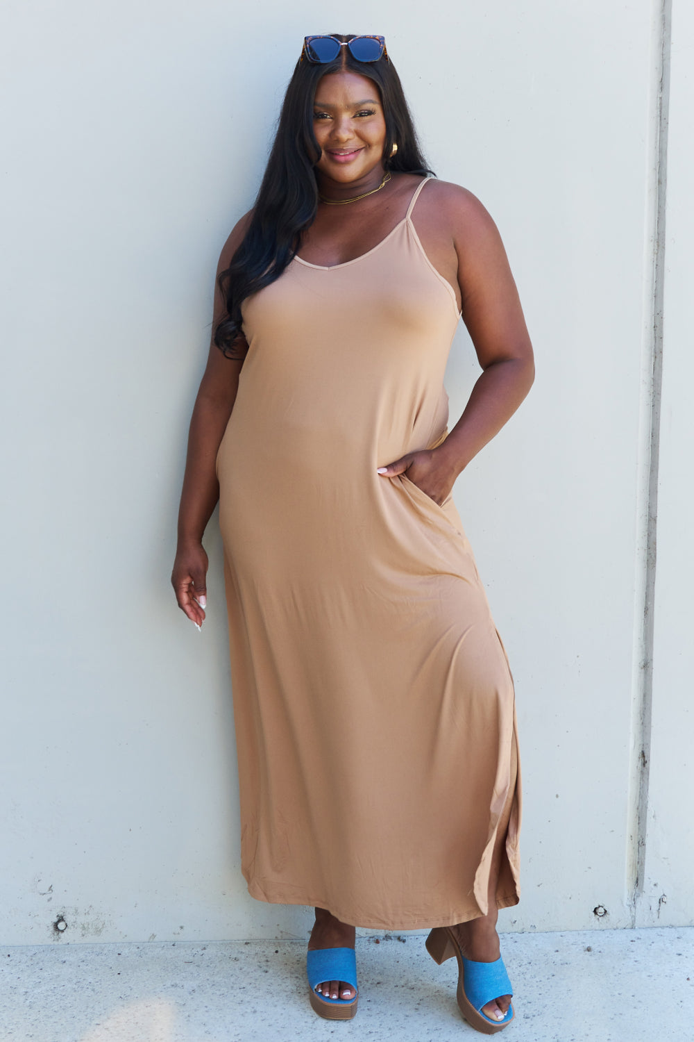 Ninexis Good Energy Full Size Cami Side Slit Maxi Dress in Camel - Runway Frenzy 