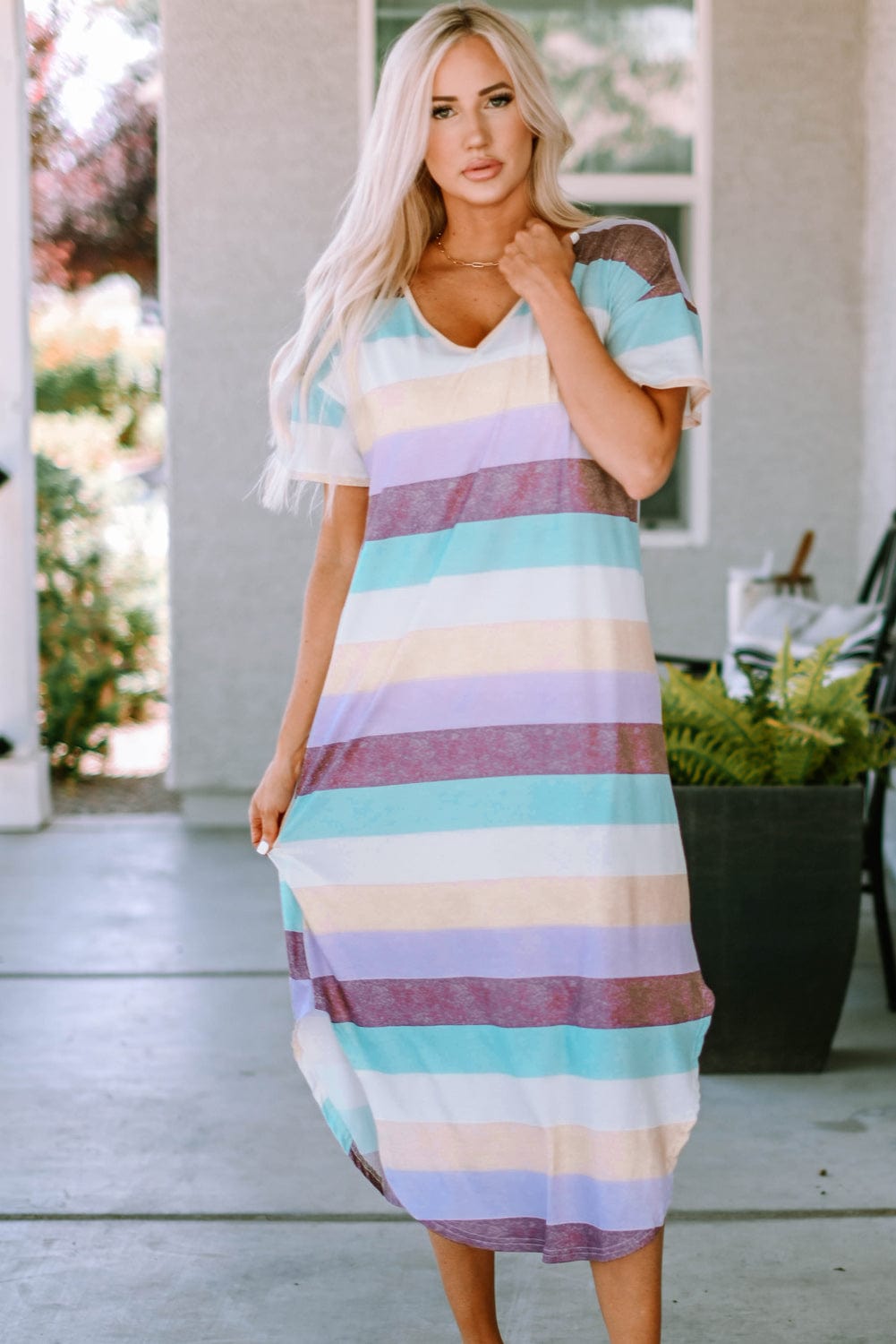 Striped V-Neck Curved Hem Midi Dress - Runway Frenzy 