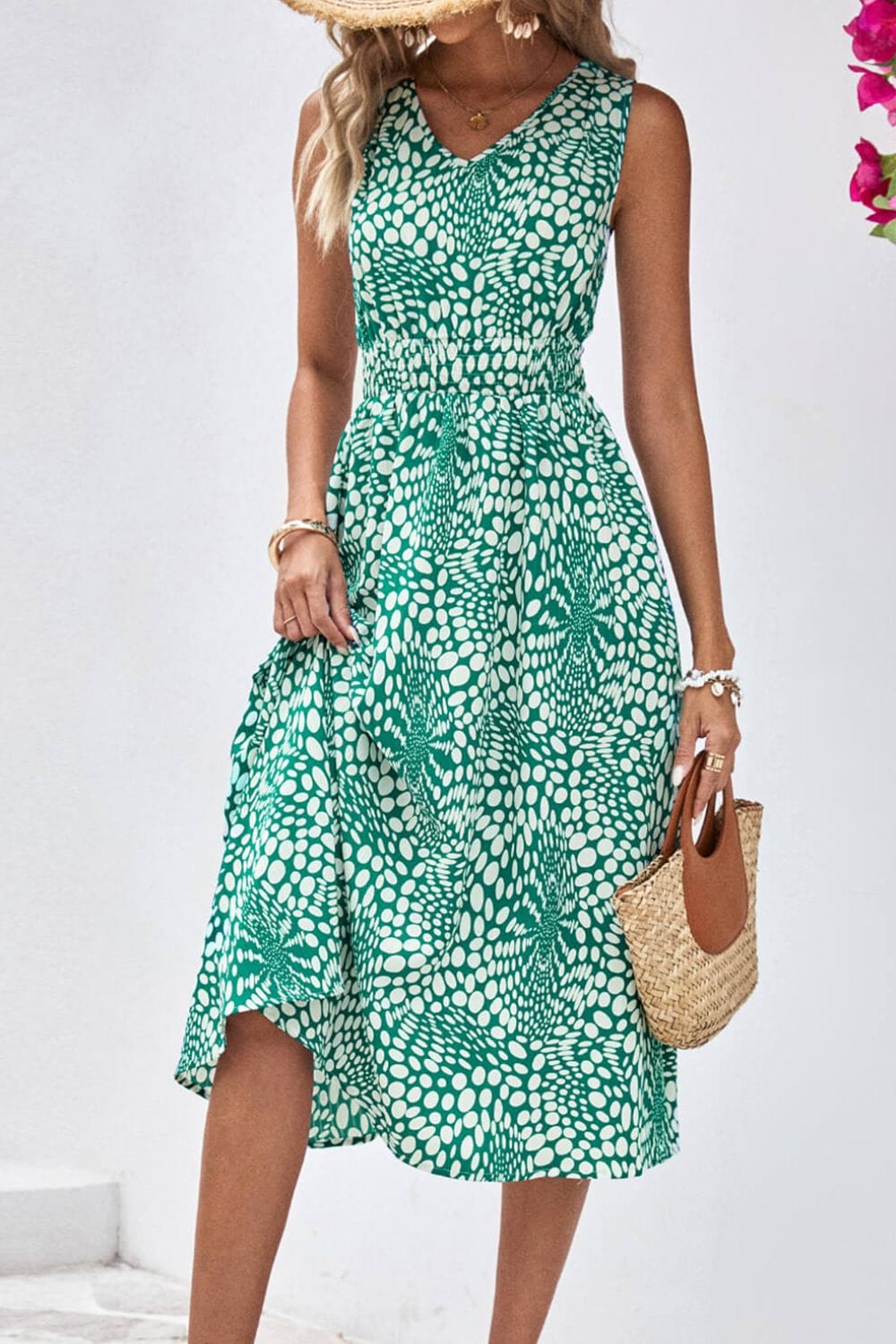 Printed V-Neck Sleeveless Dress - Runway Frenzy