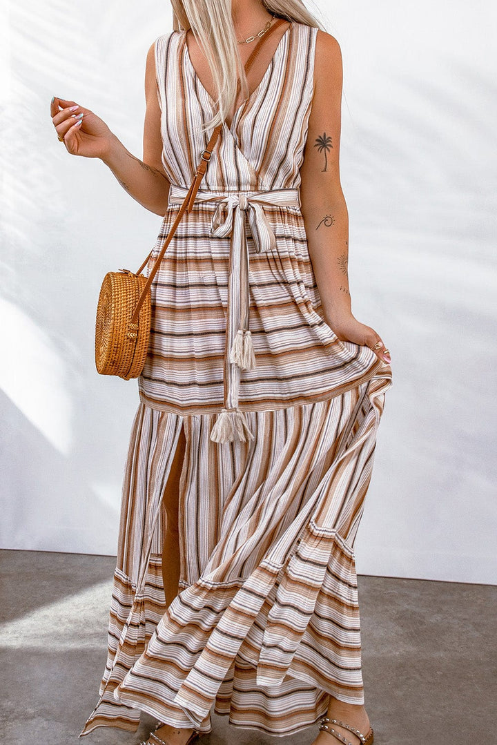 Striped Tie Waist Slit Sleeveless Dress - Runway Frenzy 