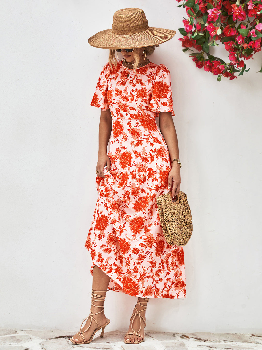 Floral Round Neck Tied Open Back Dress - Runway Frenzy