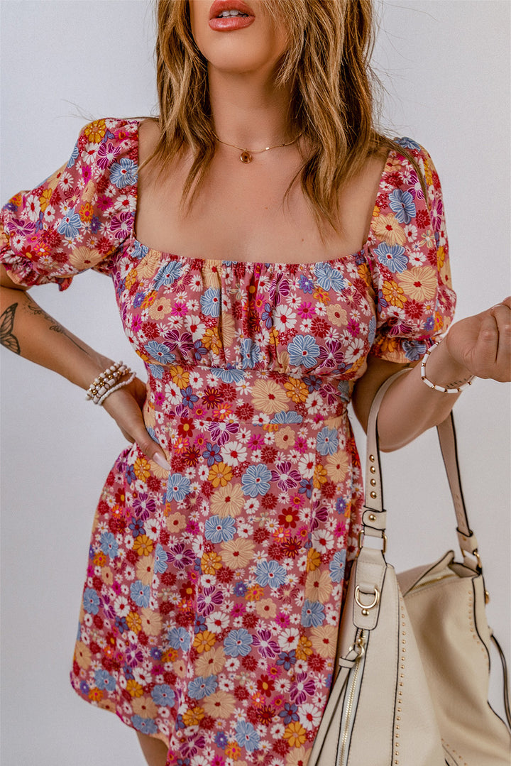 Floral Square Neck Open Back Dress - Runway Frenzy