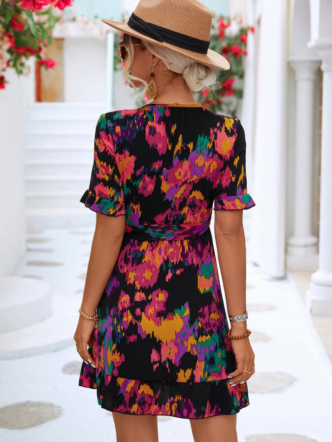 Printed Flounce Sleeve Tied Dress - Runway Frenzy 