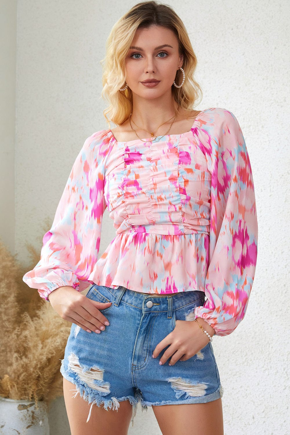 Printed Square Neck Raglan Sleeve Blouse - Runway Frenzy