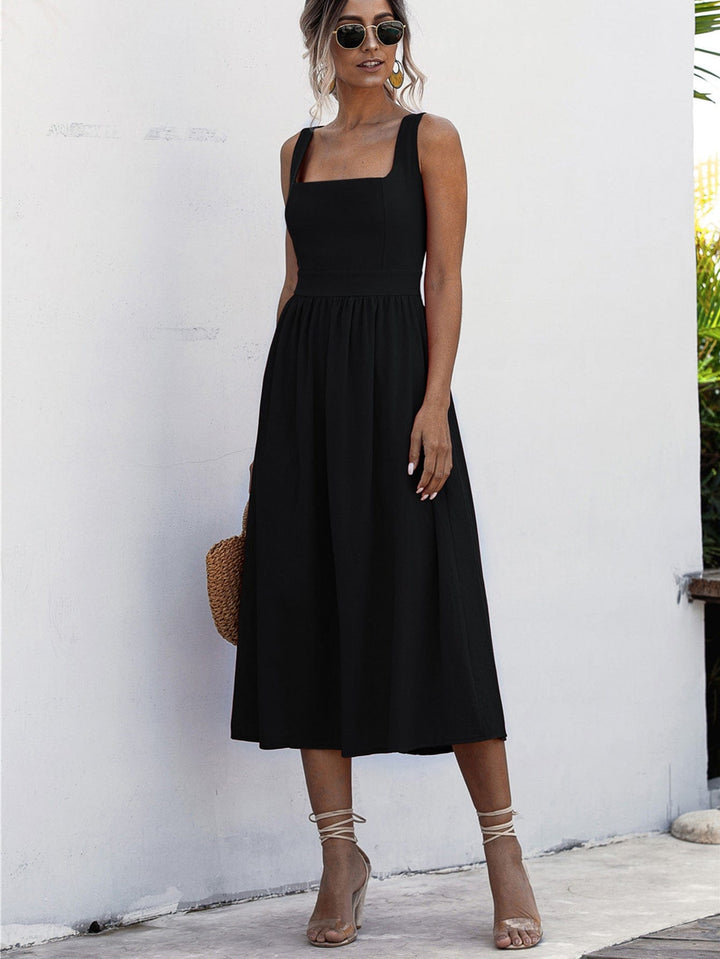 Square Neck Sleeveless Smocked Midi Dress - Runway Frenzy 