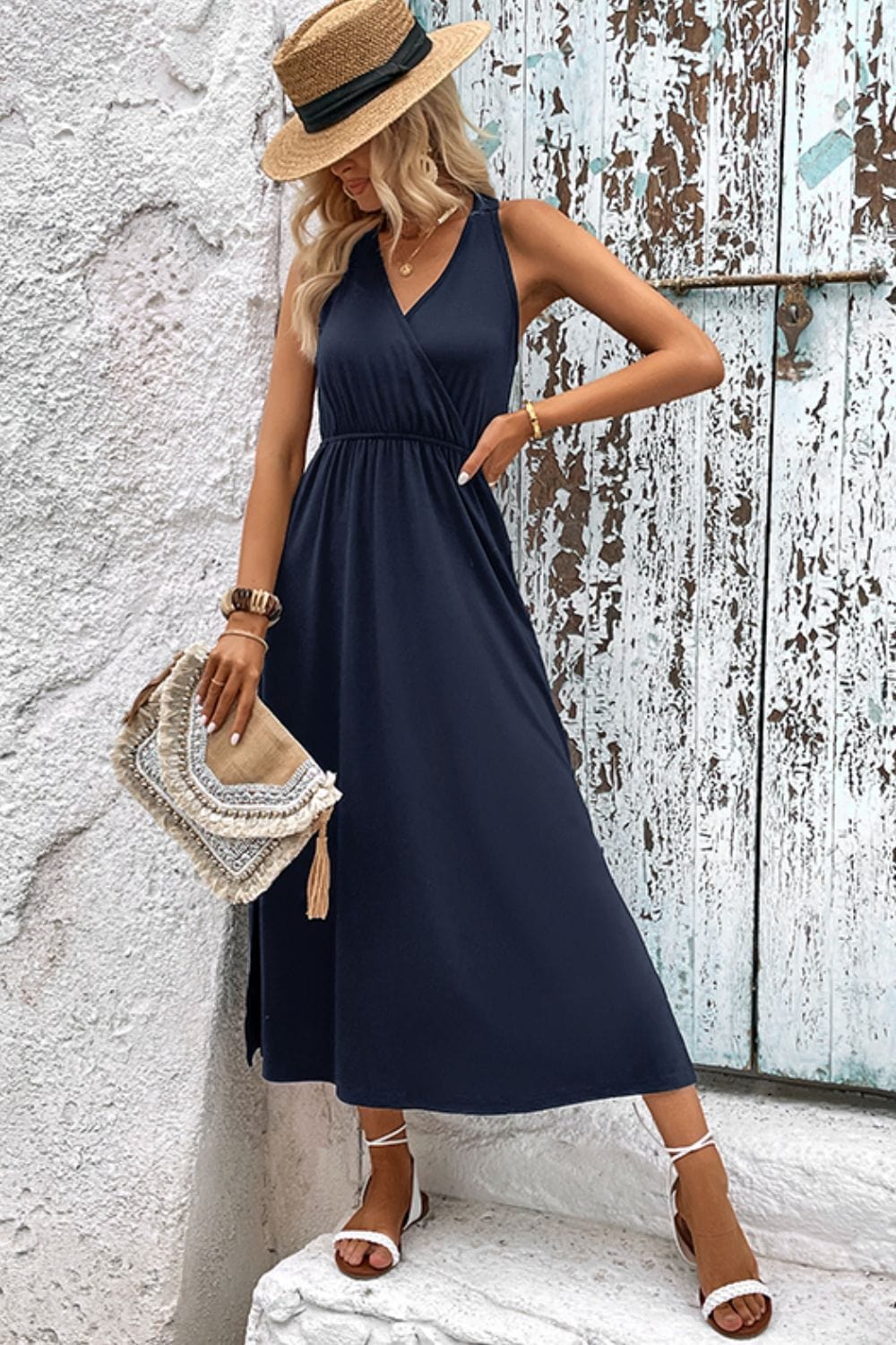 Surplice Neck Slit Sleeveless Dress - Runway Frenzy 