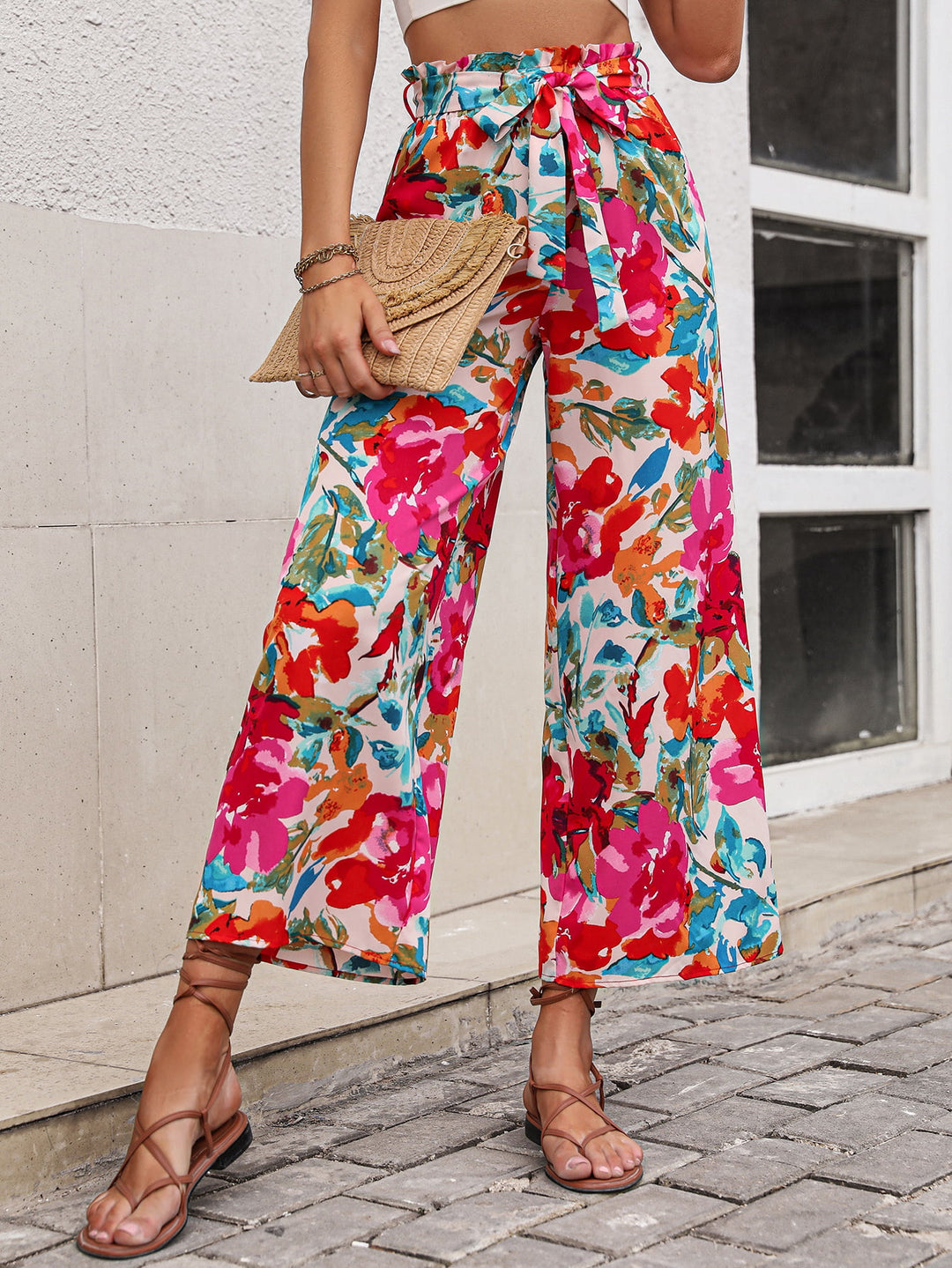 Floral Tie Belt Wide Leg Pants - Runway Frenzy