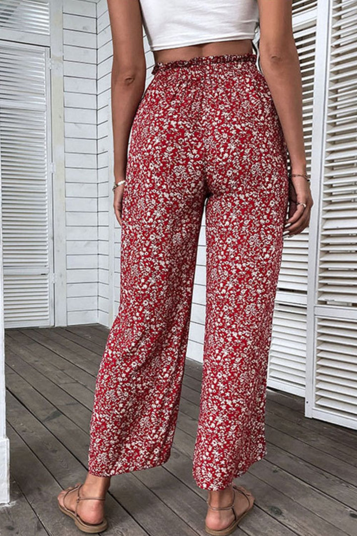 Ditsy Floral Slit Paperbag Waist Wide Leg Pants - Runway Frenzy