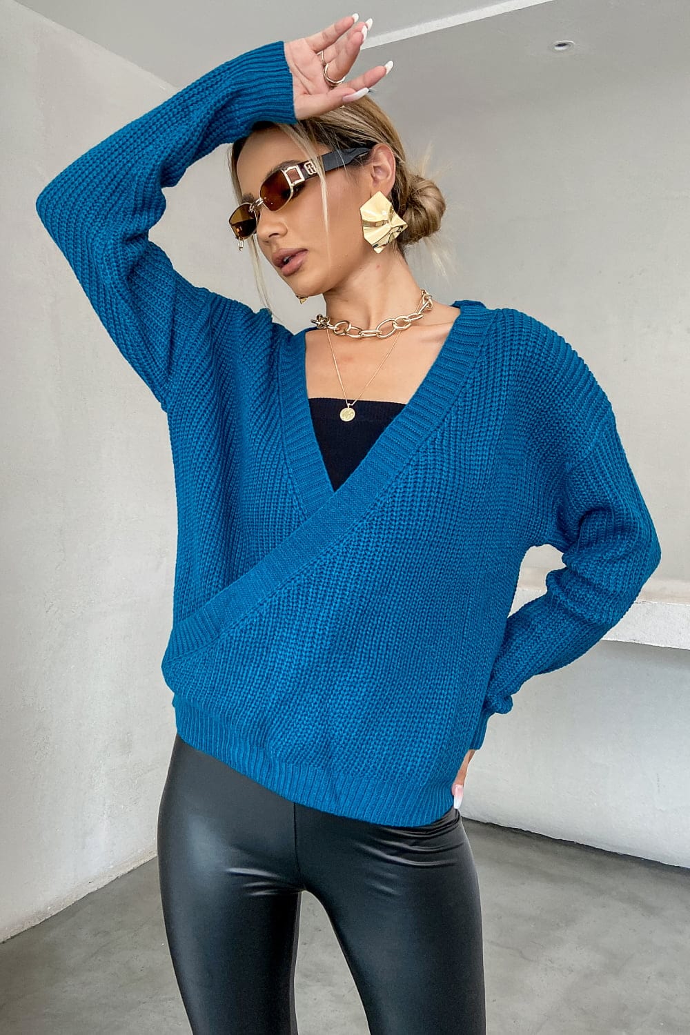 Surplice Neck Dropped Shoulder Sweater - Runway Frenzy 