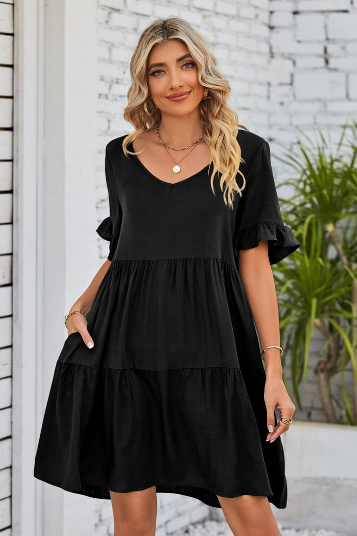 V-Neck Flounce Sleeve Tiered Dress - Runway Frenzy 