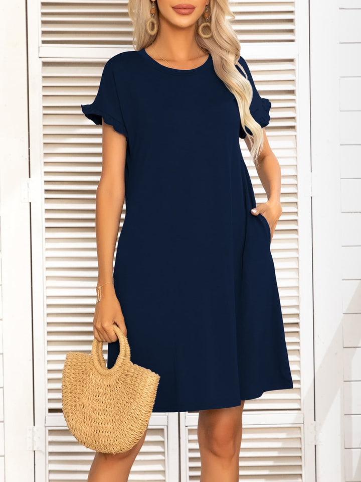 Round Neck Flounce Sleeve Dress with Pockets - Runway Frenzy 