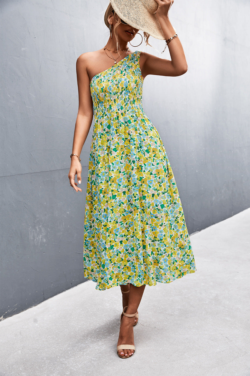 Floral Smocked One-Shoulder Midi Dress - Runway Frenzy