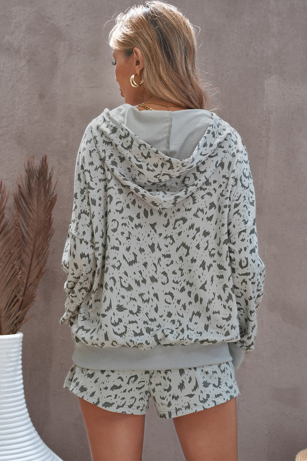 Animal Print Drawstring Detail Hoodie and Shorts Lounge Set - Runway Frenzy