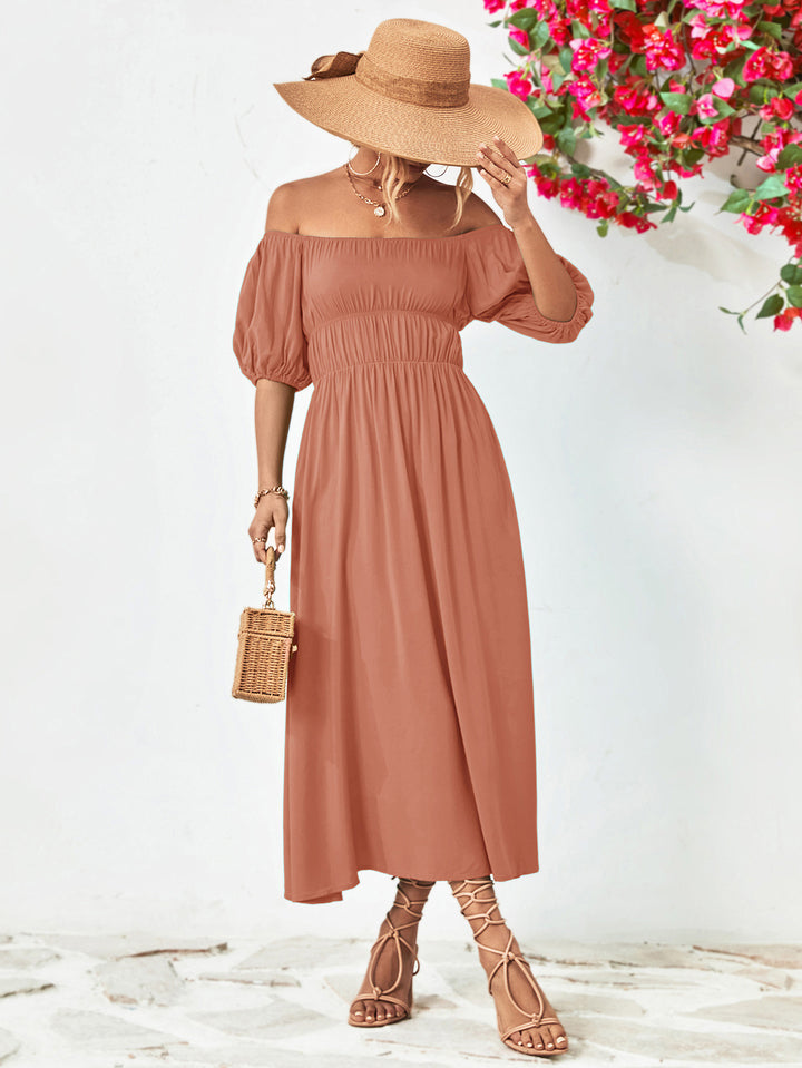 Off-Shoulder Balloon Sleeve Midi Dress - Runway Frenzy 