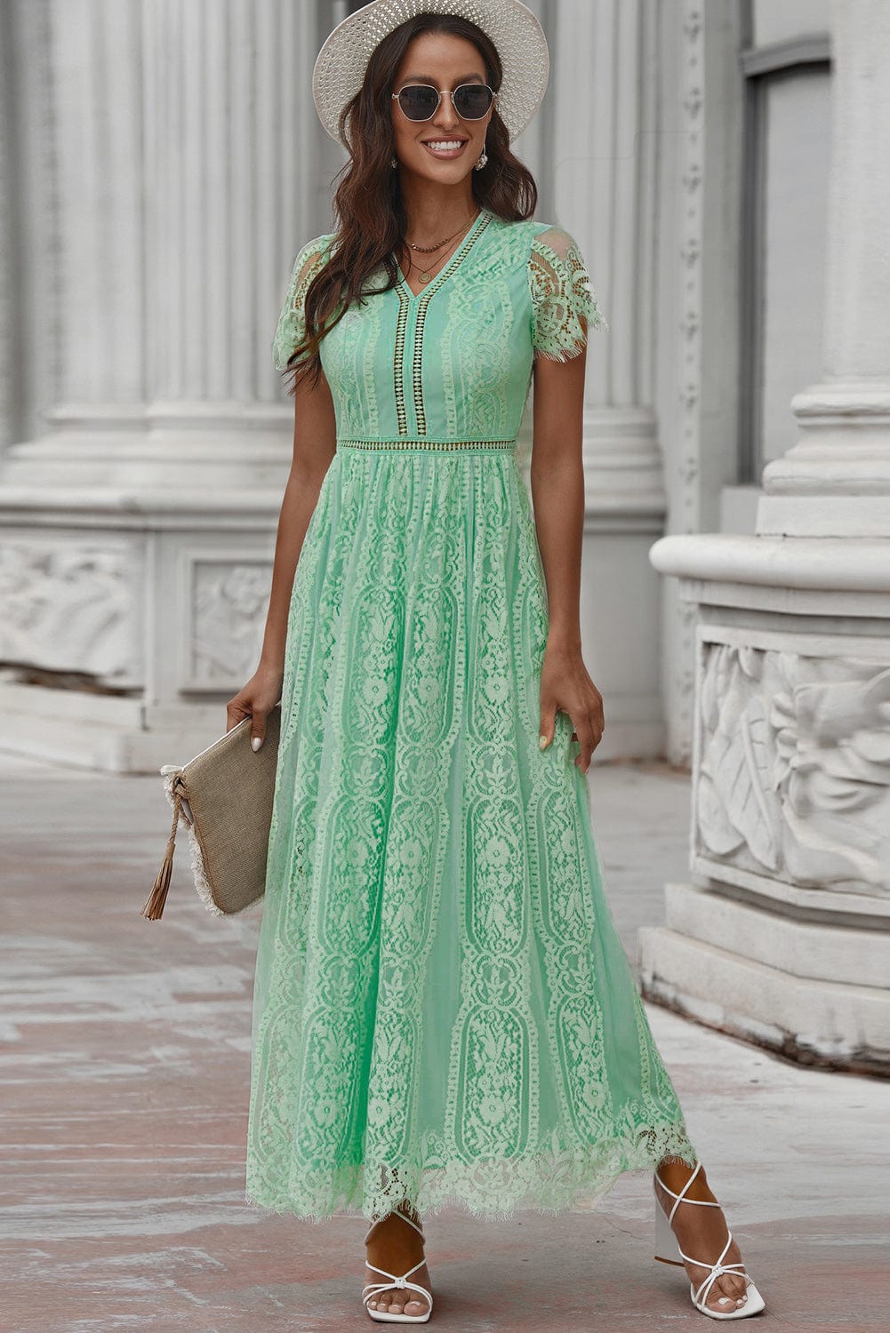 Scalloped Trim Lace Plunge Dress - Runway Frenzy 