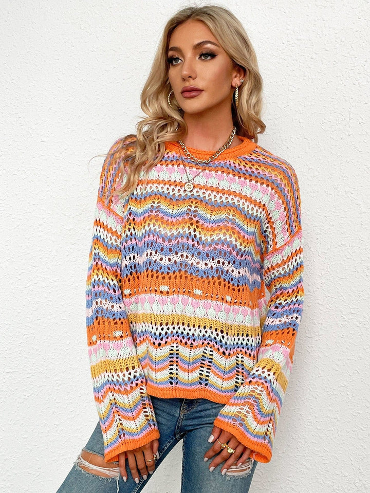 Rainbow Stripe Openwork Flare Sleeve Knit Top - Runway Frenzy 