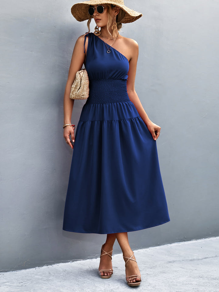 Asymmetrical One Shoulder Smocked Waist Midi Dress - Runway Frenzy