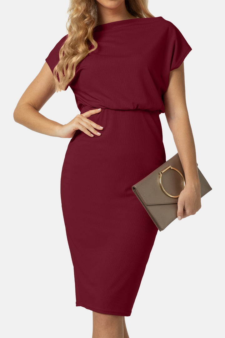 Boat Neck Short Sleeve Knee-Length Dress - Runway Frenzy