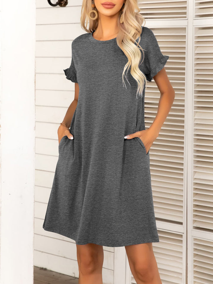 Round Neck Flounce Sleeve Dress with Pockets - Runway Frenzy 