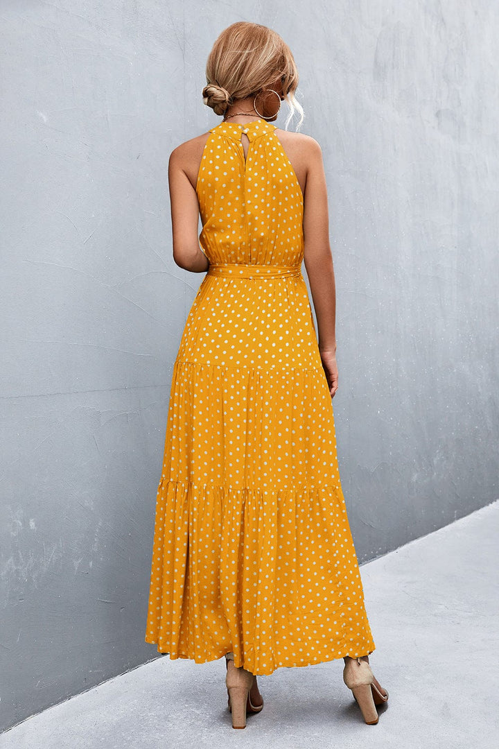 Printed Sleeveless Tie Waist Maxi Dress - Runway Frenzy 