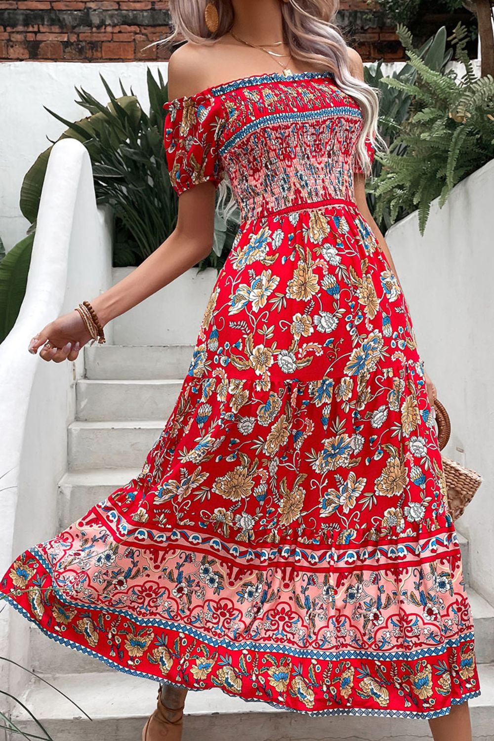 Floral Off-Shoulder Smocked Midi Dress - Runway Frenzy