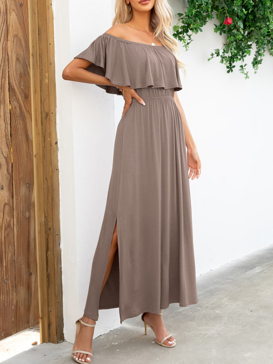 Off-Shoulder Slit Maxi Dress - Runway Frenzy 