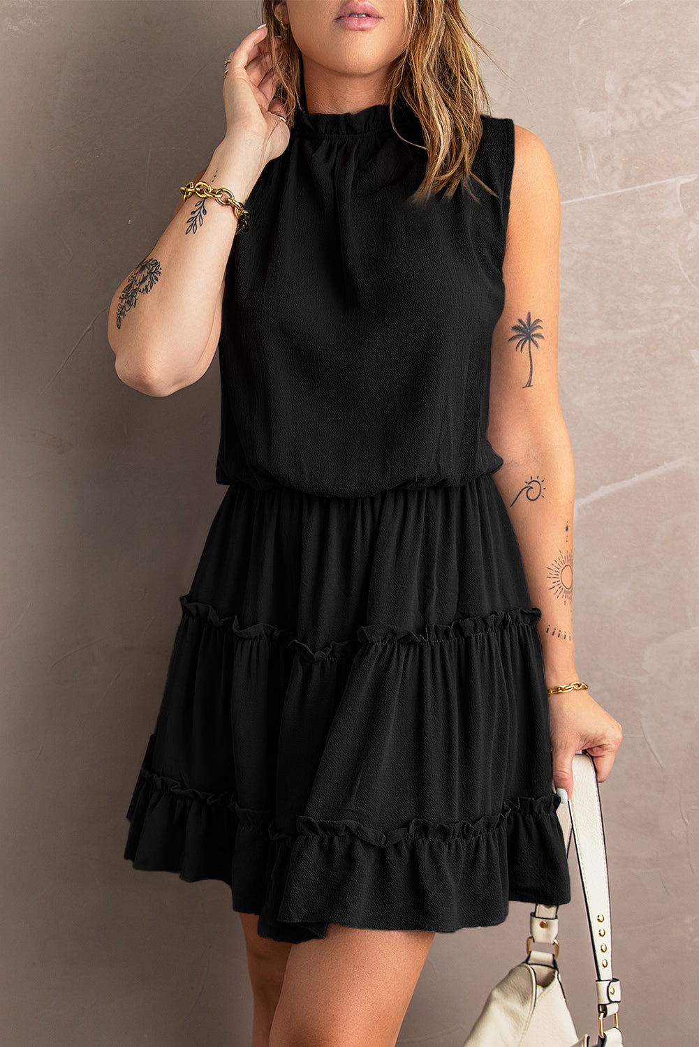 Tie Neck Frill Trim Sleeveless Mini Dress - Runway Frenzy 