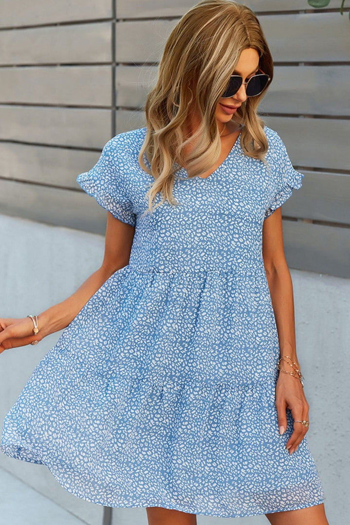 Printed V-Neck Short Sleeve Tiered Dress - Runway Frenzy