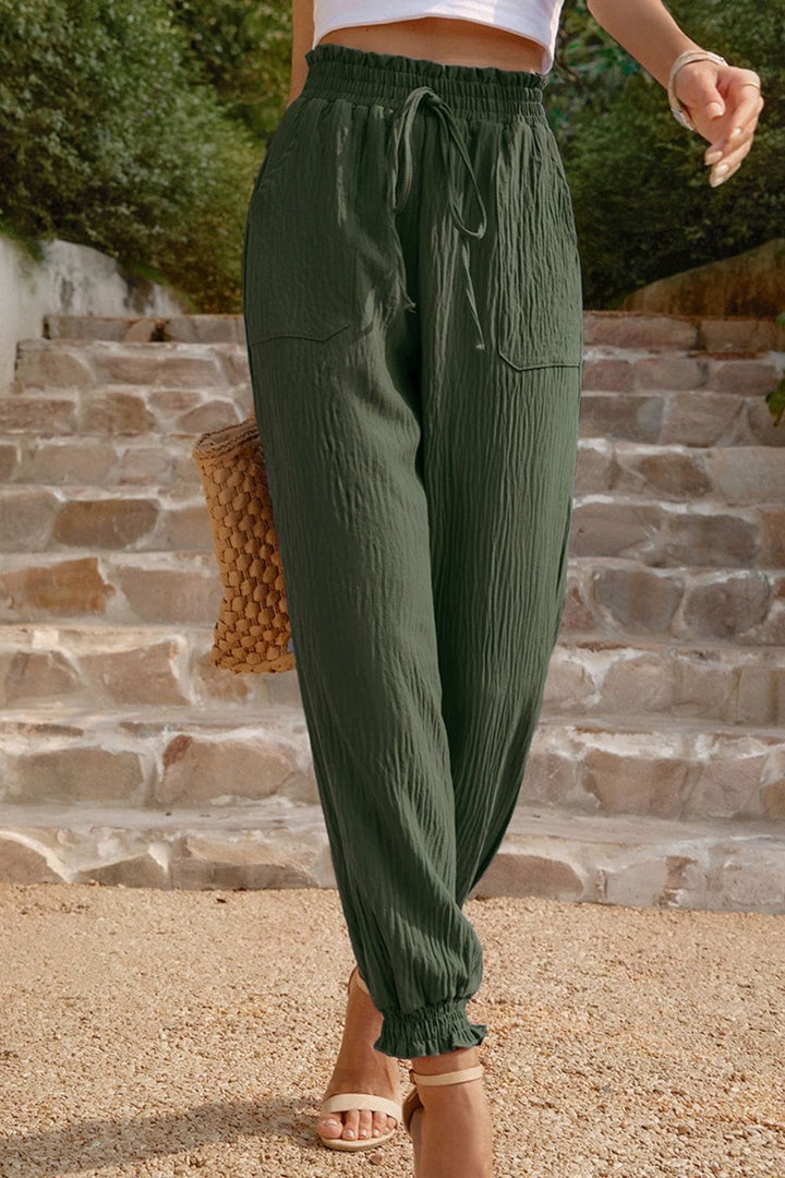 Textured Smocked Waist Pants with Pockets - Runway Frenzy