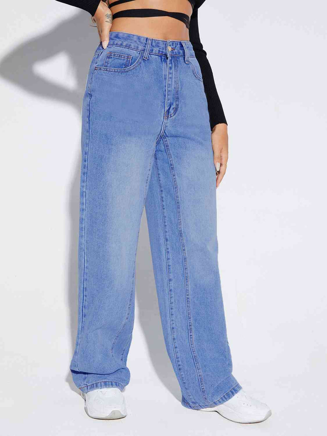 Buttoned Fly Long Jeans Trendsi
