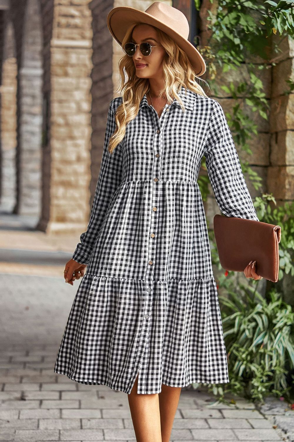 Collared Neck Long Sleeve Midi Dress - Runway Frenzy