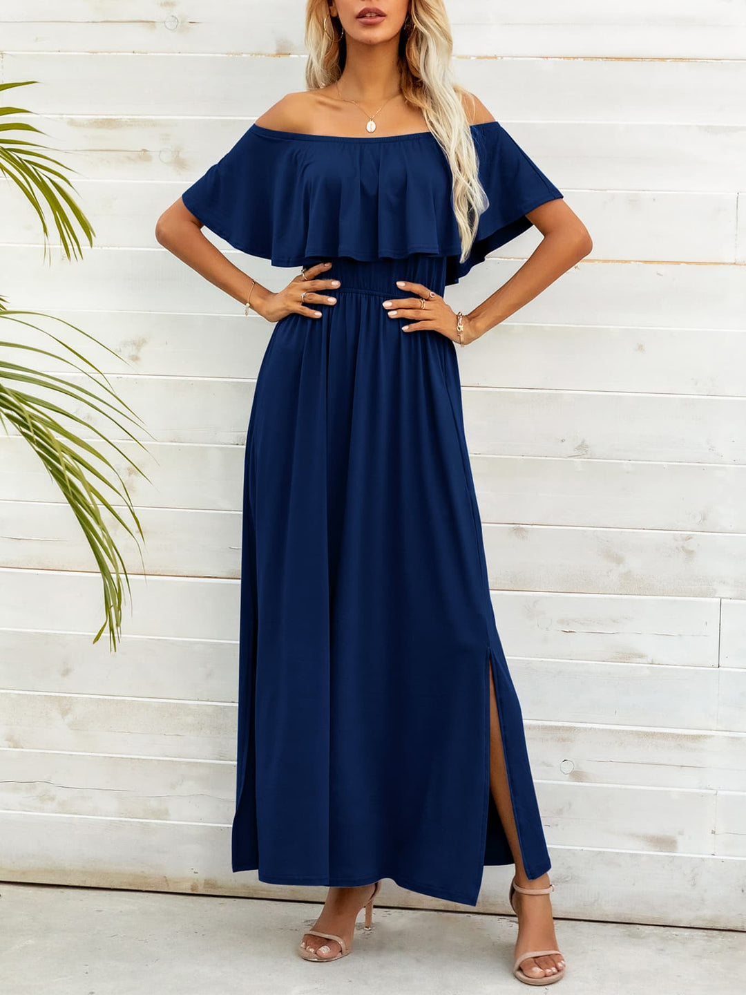 Off-Shoulder Slit Maxi Dress - Runway Frenzy 