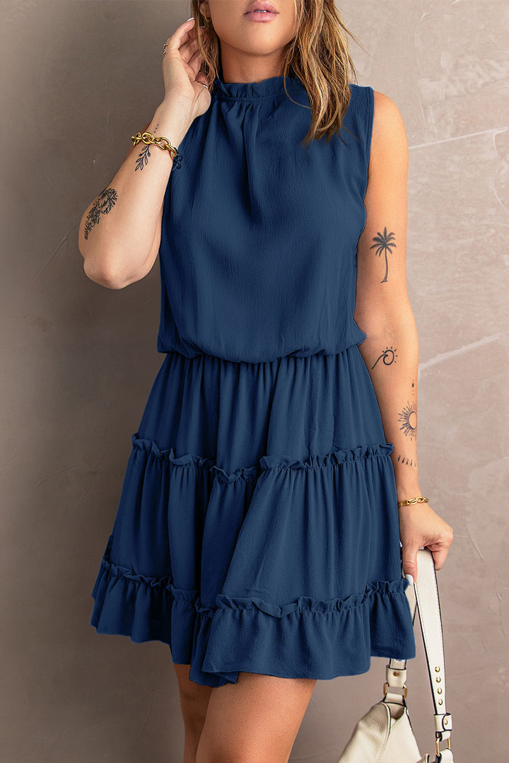 Tie Neck Frill Trim Sleeveless Mini Dress - Runway Frenzy 