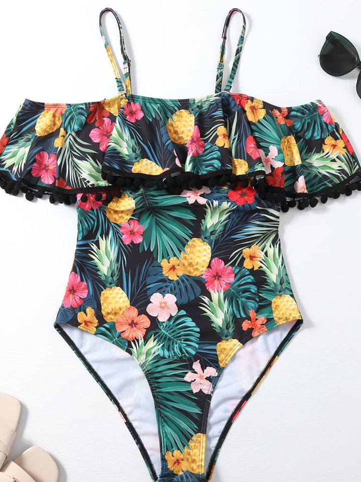 Botanical Print Cold-Shoulder One-Piece Swimsuit - Runway Frenzy