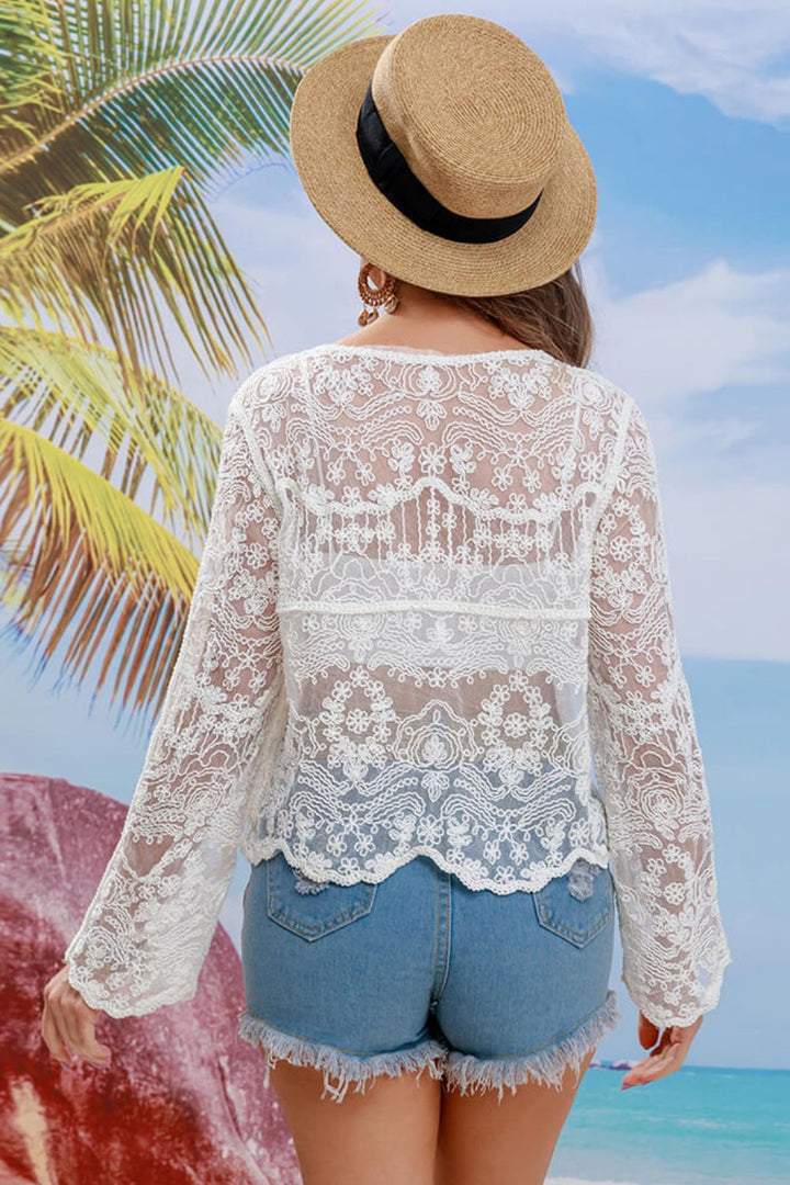 Buttoned Sheer Lace Cover Up - Runway Frenzy