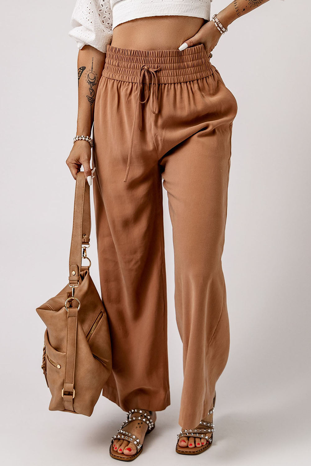 Drawstring Smocked Waist Wide Leg Pants - Runway Frenzy