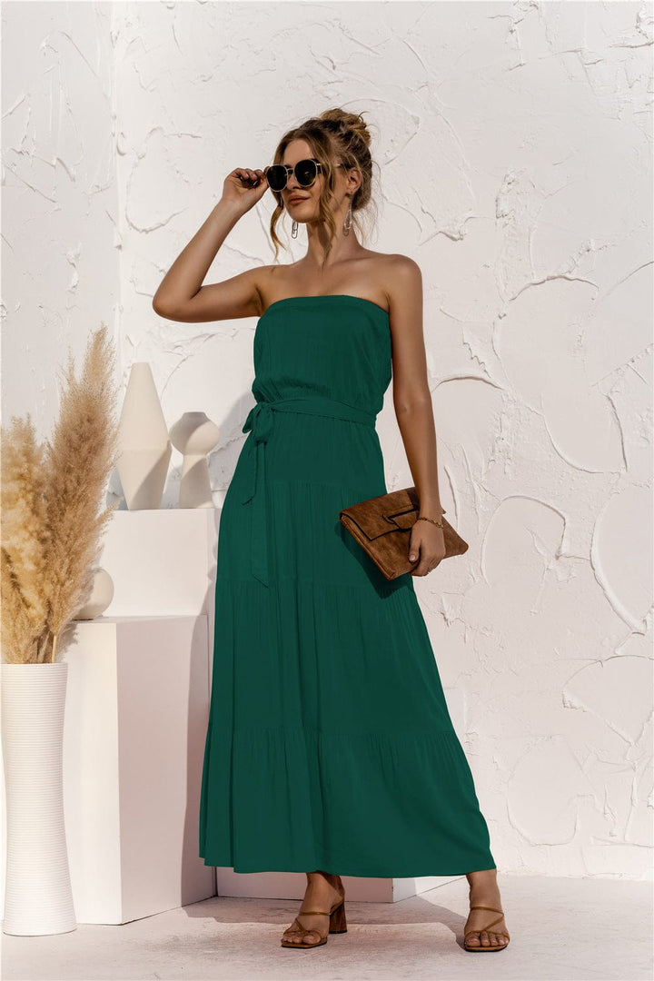 Strapless Tie Waist Tiered Maxi Dress - Runway Frenzy 