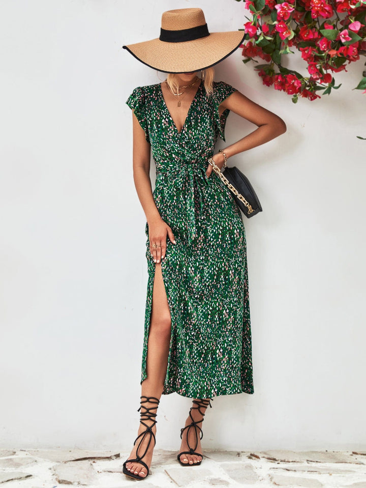 Printed Surplice Neck Flutter Sleeve Slit Dress - Runway Frenzy