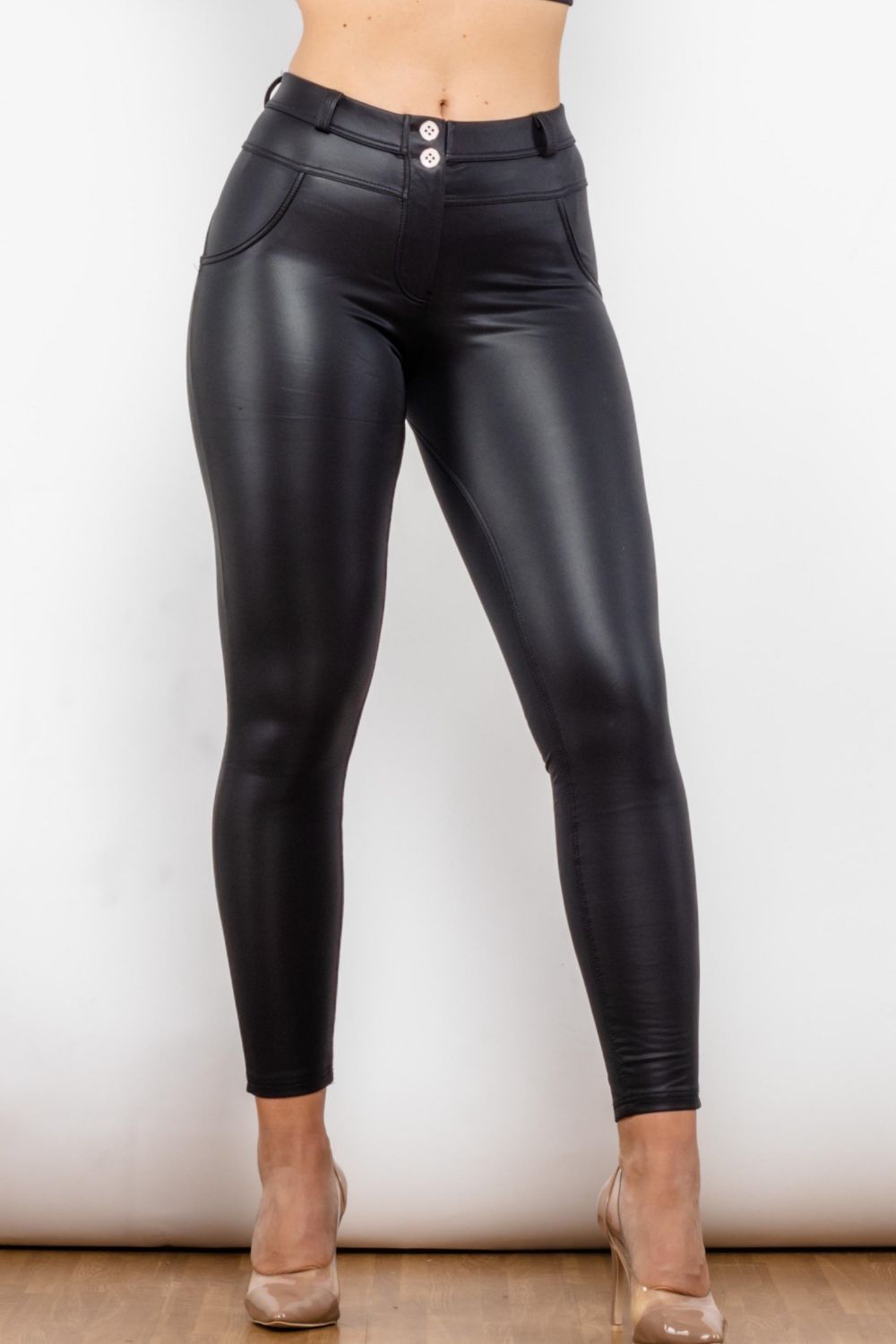 Full Size PU Leather Buttoned Leggings - Runway Frenzy