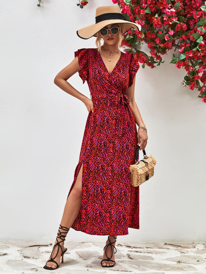 Printed Surplice Neck Flutter Sleeve Slit Dress - Runway Frenzy