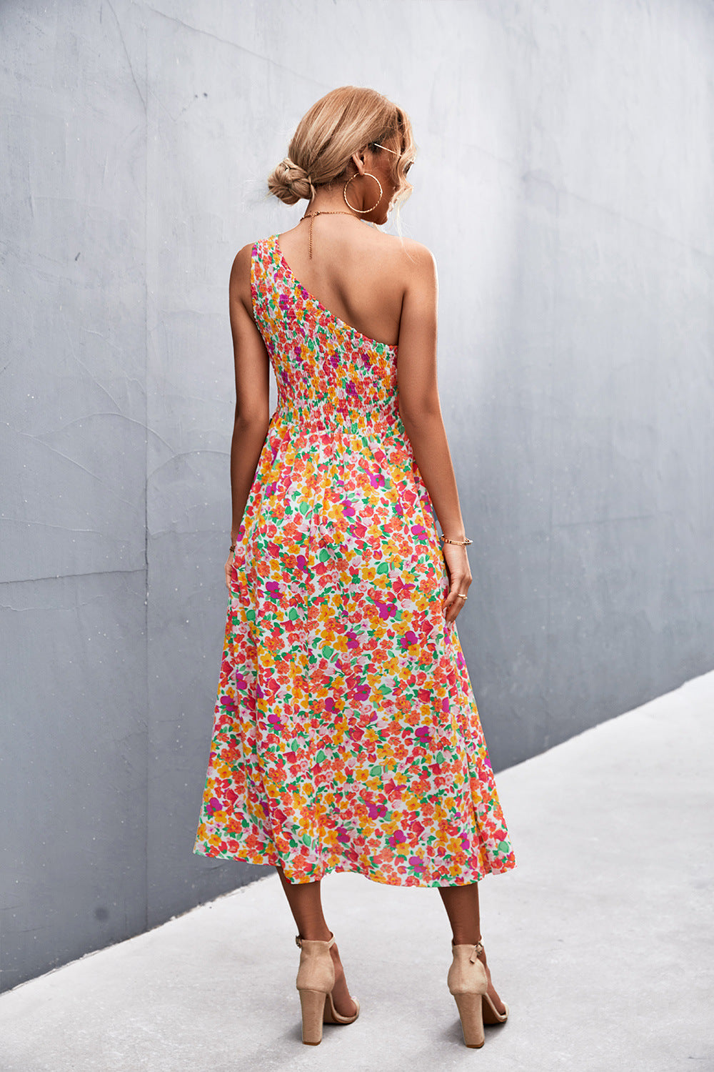 Floral Smocked One-Shoulder Midi Dress - Runway Frenzy