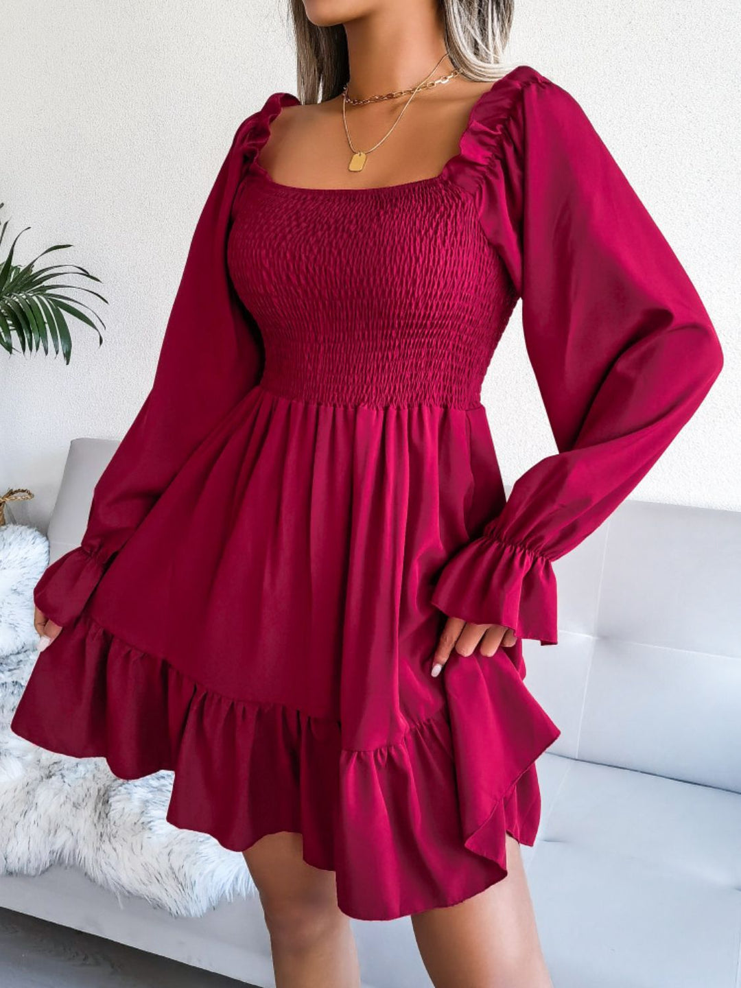 Smocked Flounce Sleeve Square Neck Dress - Runway Frenzy 