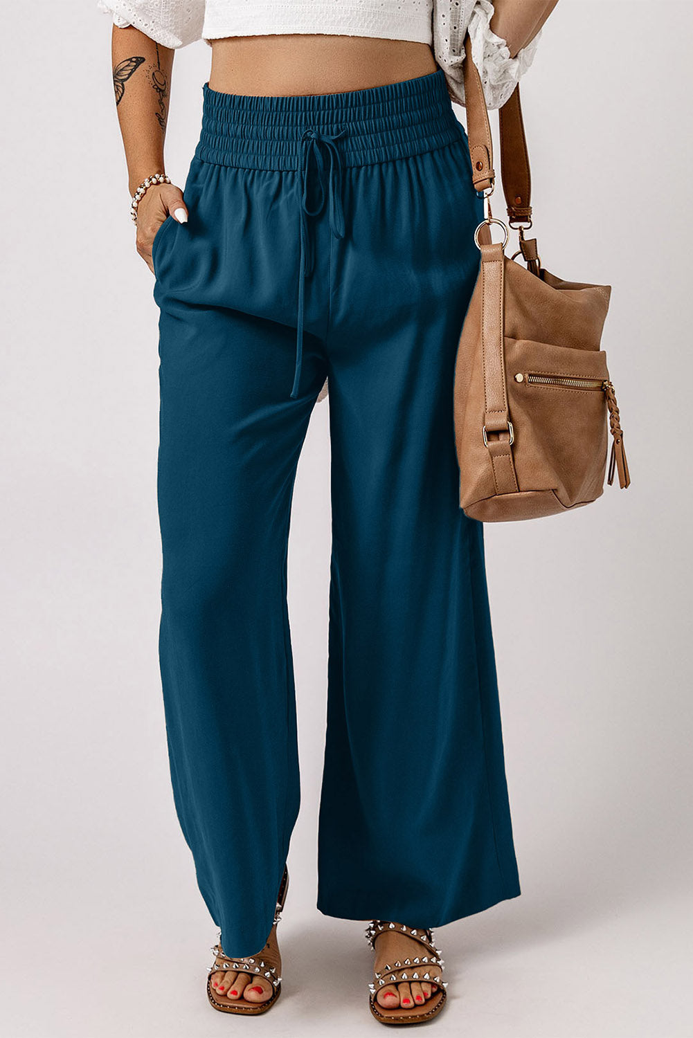 Drawstring Smocked Waist Wide Leg Pants - Runway Frenzy