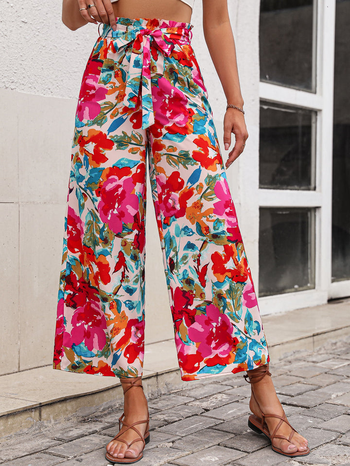 Floral Tie Belt Wide Leg Pants - Runway Frenzy