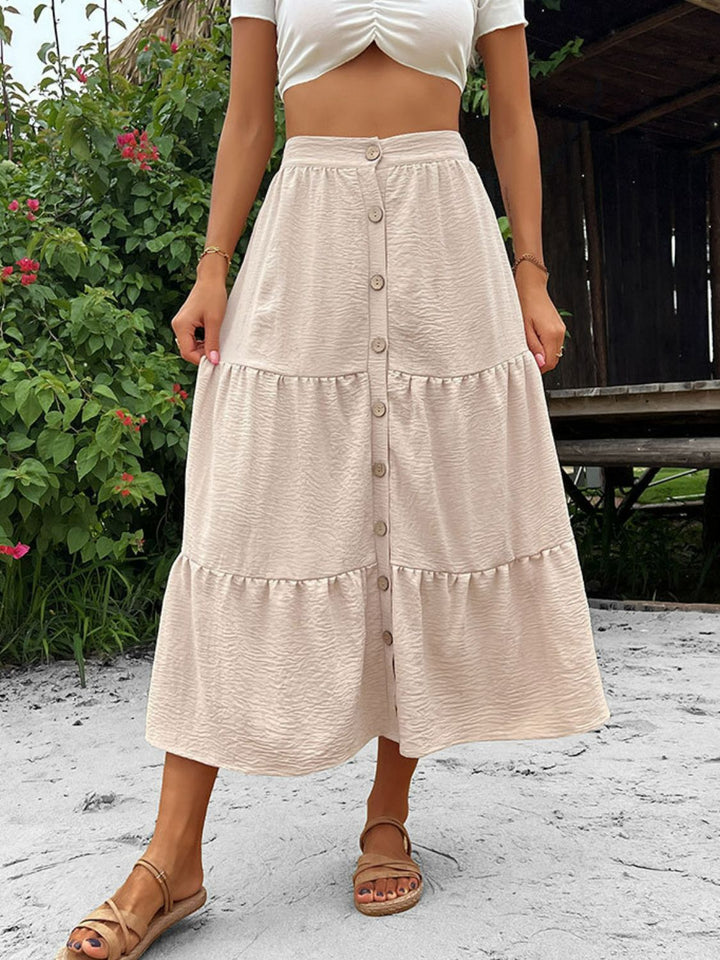 Button Down Tiered Midi Skirt - Runway Frenzy